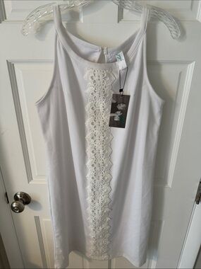 NEW women’s halter style neck white shift dress vertical crochet panel Large